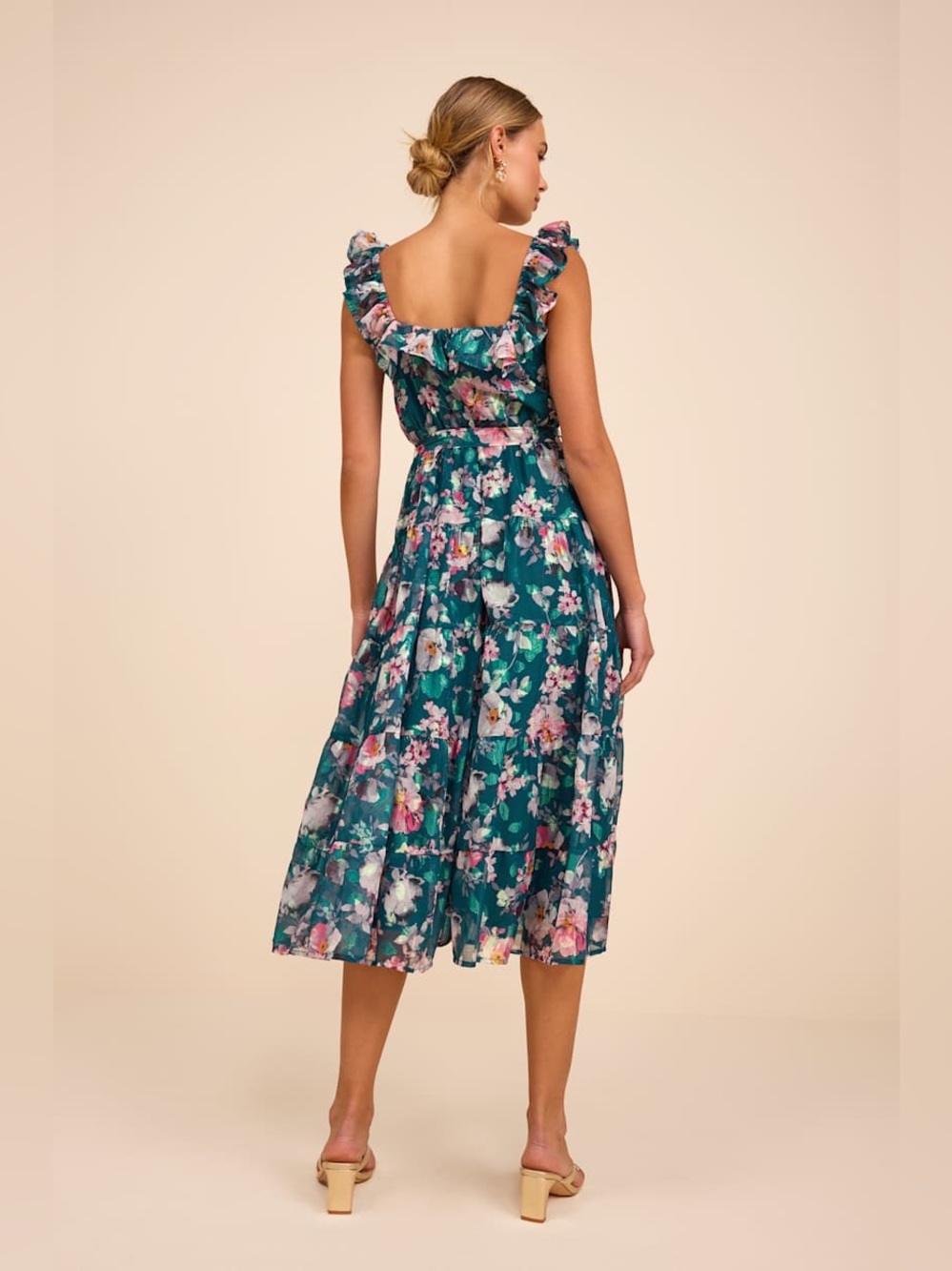 NWT Lulus Shela Teal Floral Jacquard Tiered Midi Dress Size XL - Picture 4 of 8